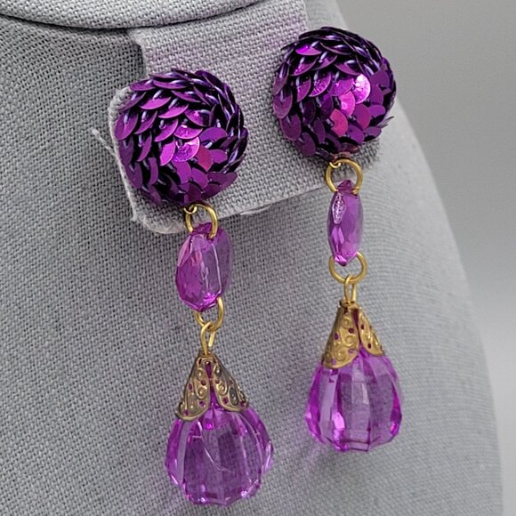 Purple Sequin Teardrop Bead Post Dangle Earrings Gold Tone Length 3 in - Picture 4 of 8